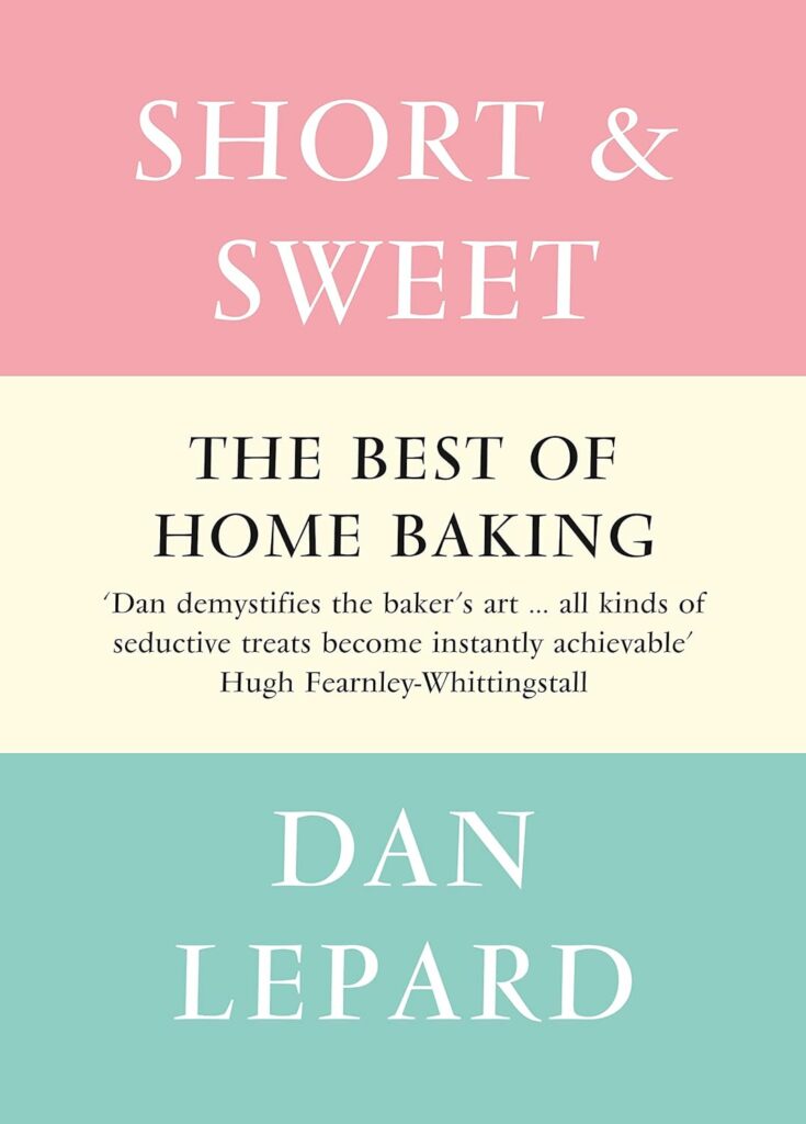 the cover of short and sweet, one of Dan Lepard's award winning cookbooks, with pink, yellow and green stripes